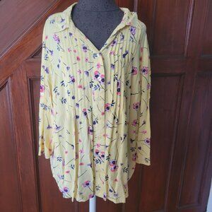 Woman Within Floral Button-Up Blouse Yellow With Pink & Purple Flowers Size 1X 2